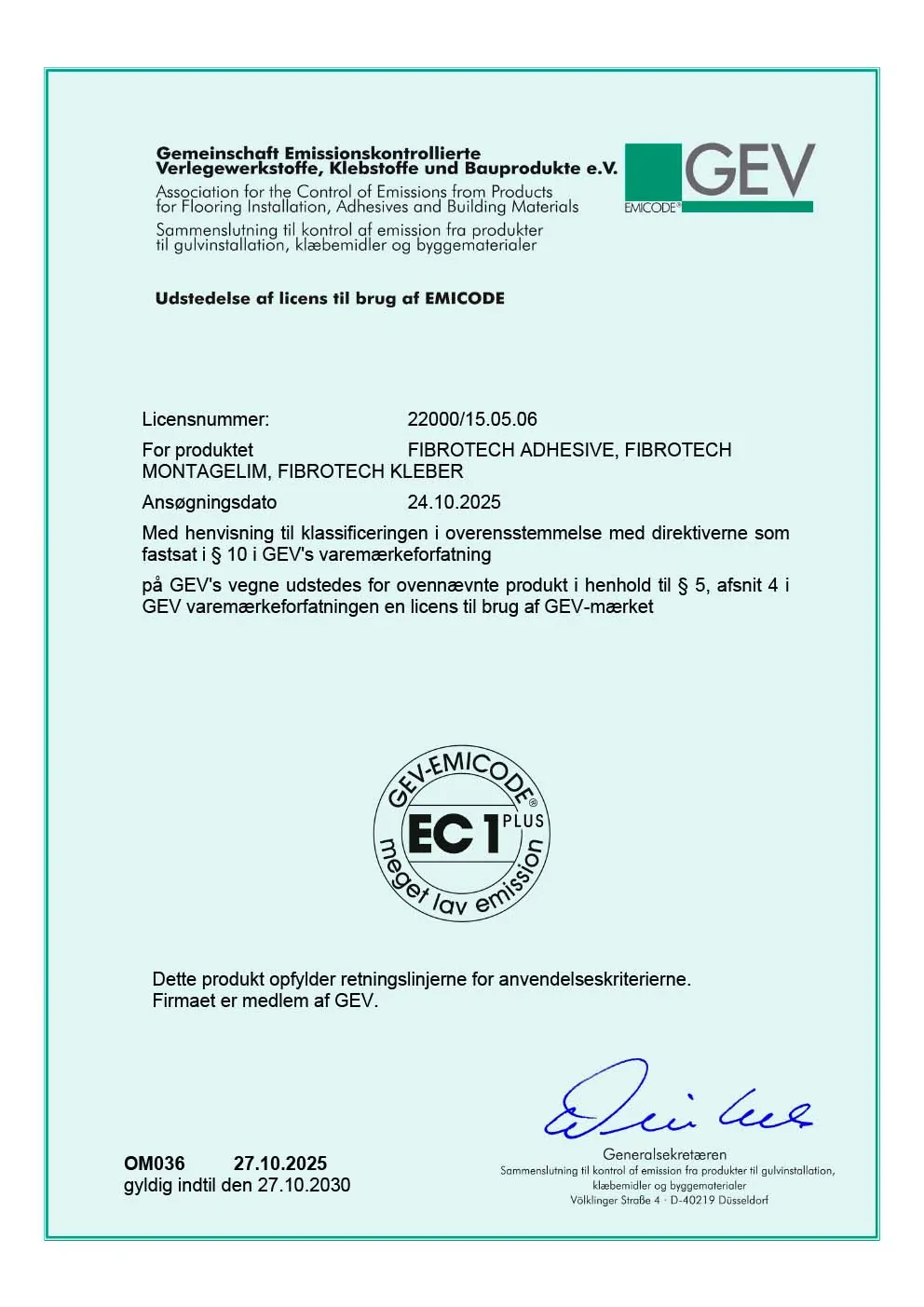 Fibrotech Montagelim Certifikat